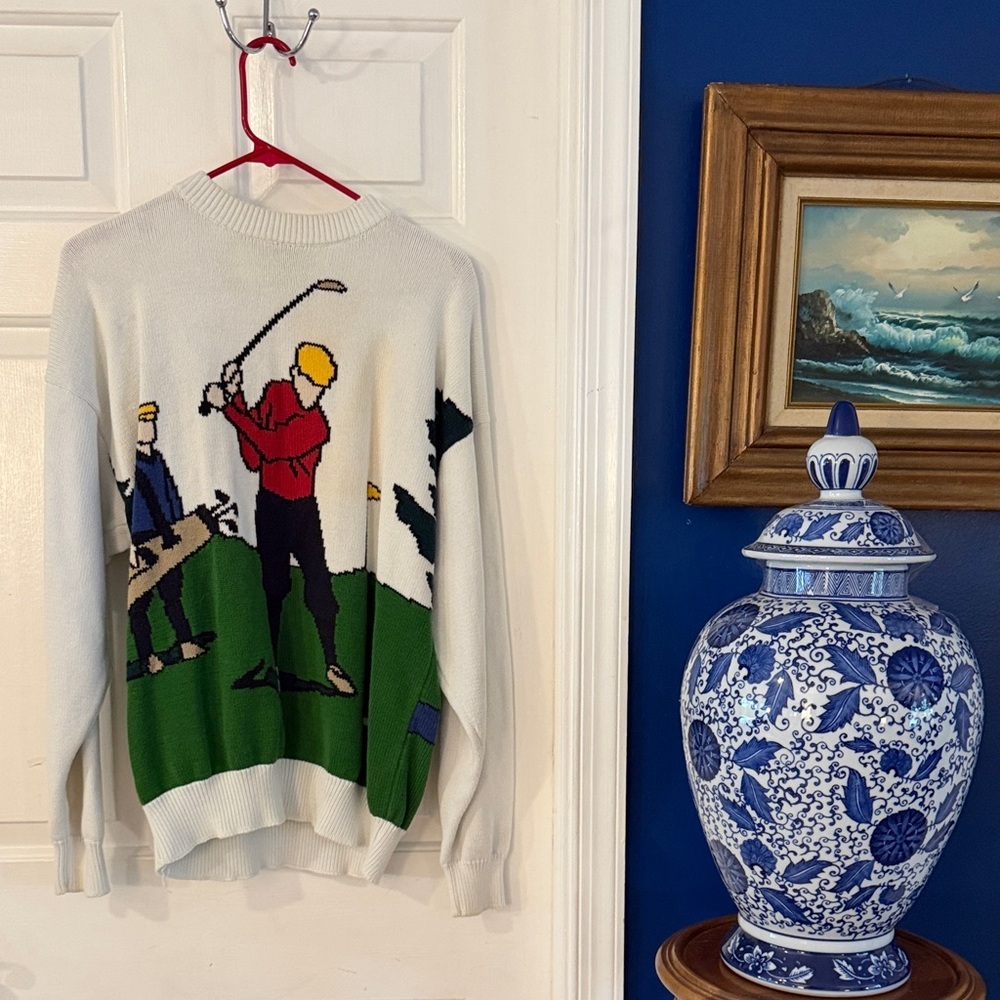 Men's Vintage Jantzen Crewneck All Over Print Golf Sweater Size Large